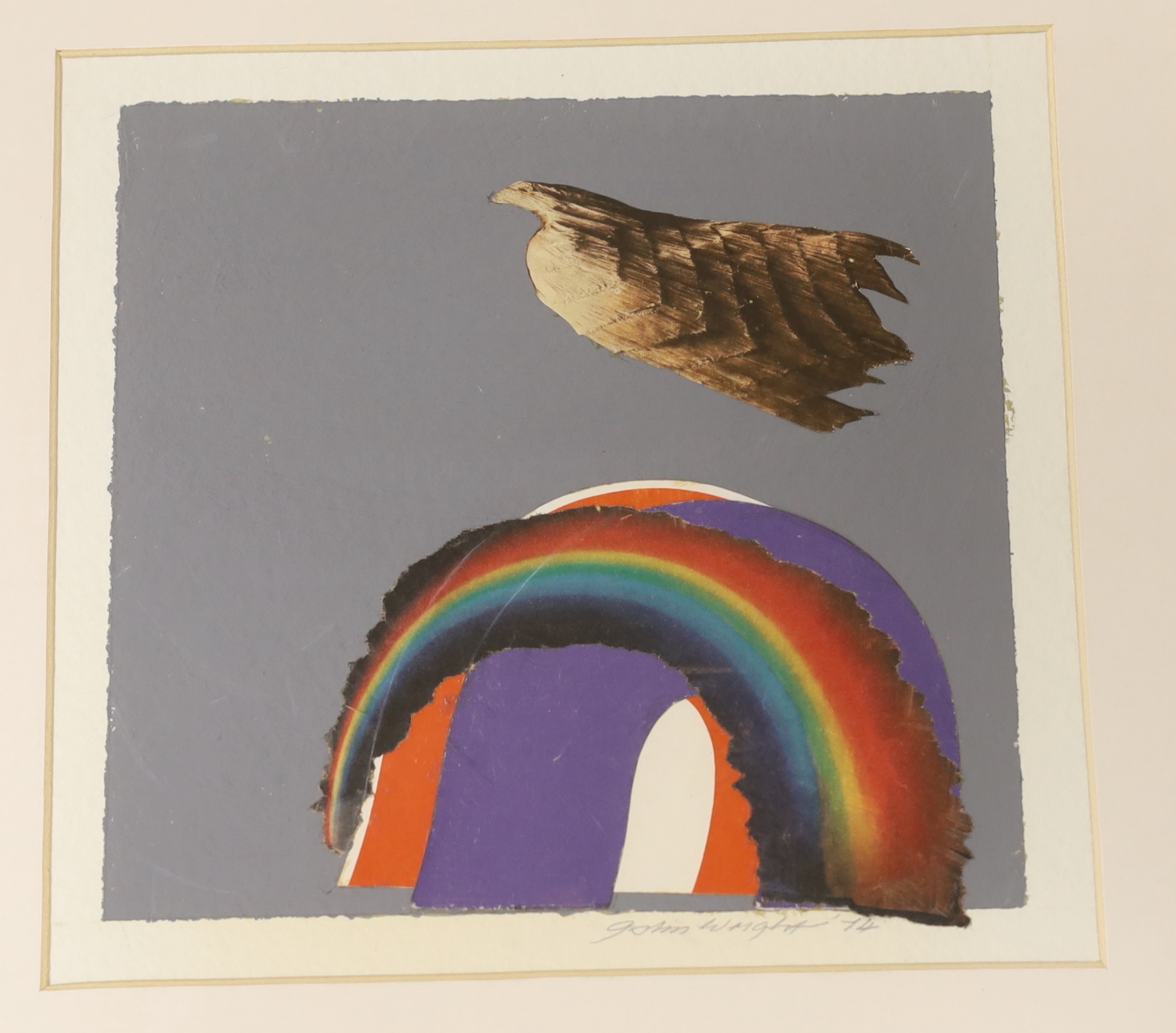 John Wright RE, ARCA (1927-2001), two collage and mixed medias, ‘Bird & Rainbow’ and ‘Hearts & Flowers’, each signed and dated in pencil, details verso, largest 35 x 35cm